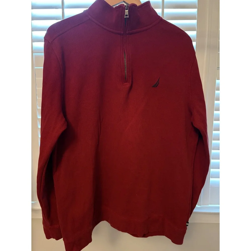 Nautica Mens Quarter Zip Pullover Sweater Burgundy Red Mock Neck Logo Size XL